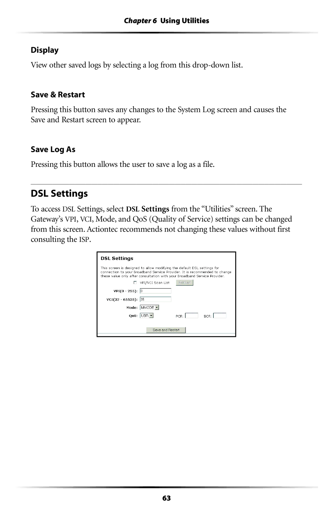 Actiontec electronic GT704 user manual DSL Settings 