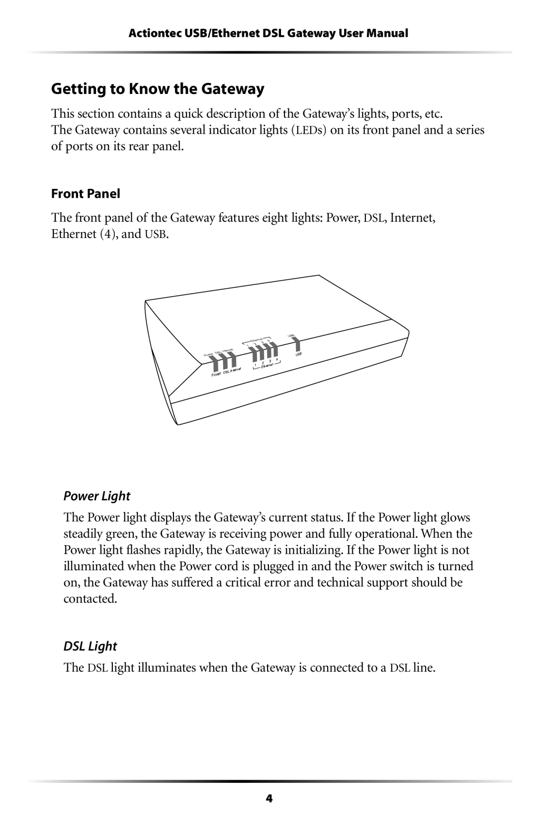 Actiontec electronic GT704 user manual Getting to Know the Gateway, Power Light 