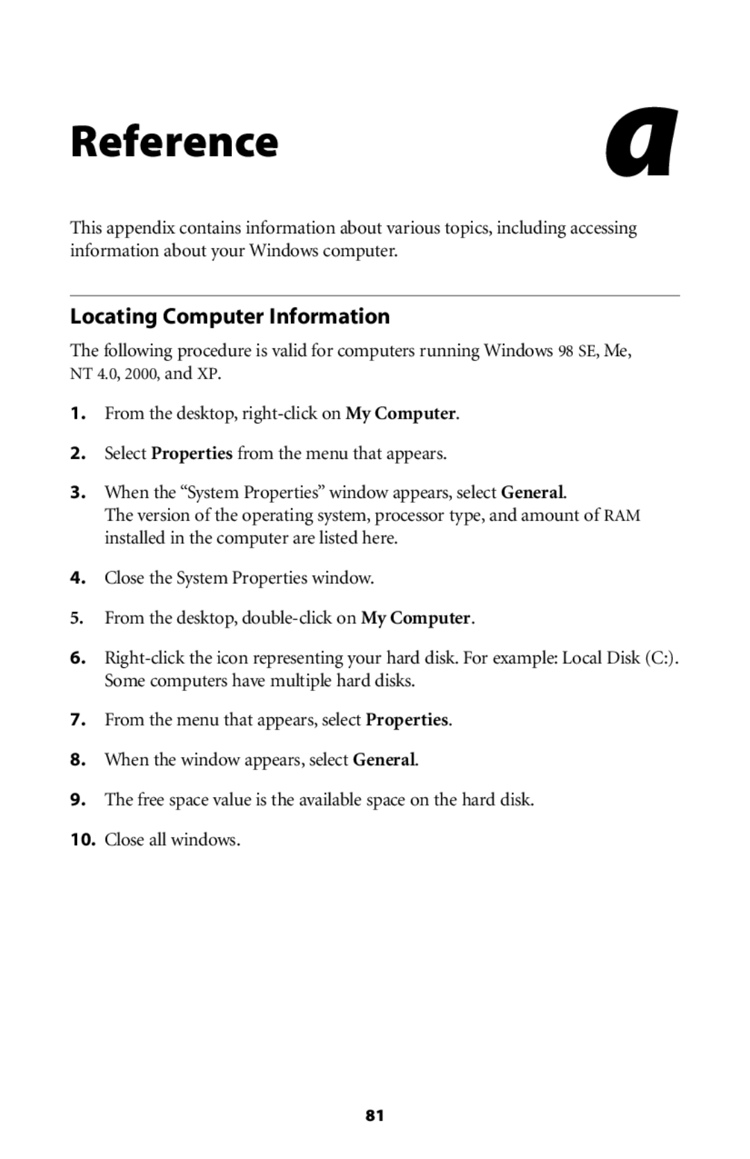 Actiontec electronic GT704 user manual Reference, Locating Computer Information 