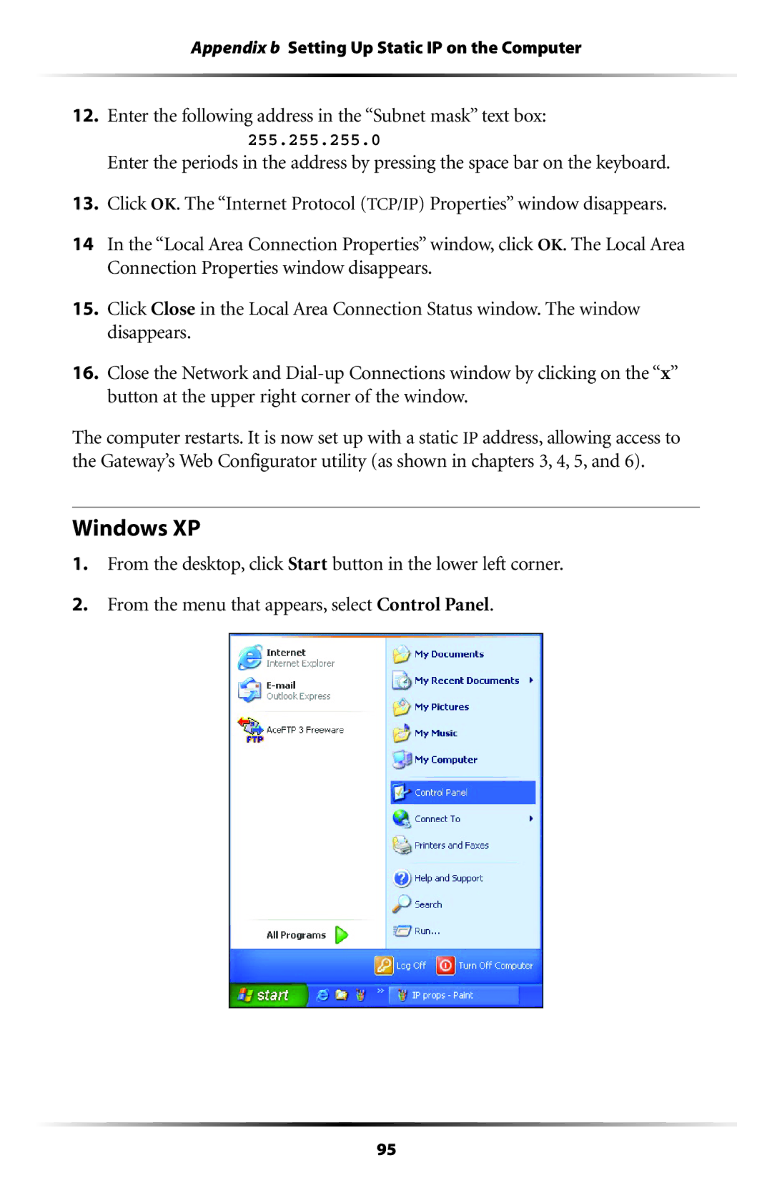 Actiontec electronic GT704 user manual Windows XP, Enter the following address in the Subnet mask text box 