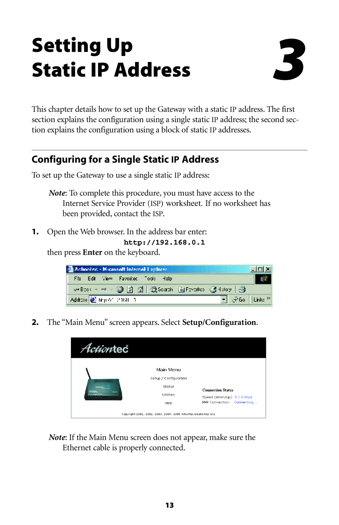 Actiontec electronic GT704WG-QW04 user manual Setting Up Static IP Address, Configuring for a Single Static IP Address 