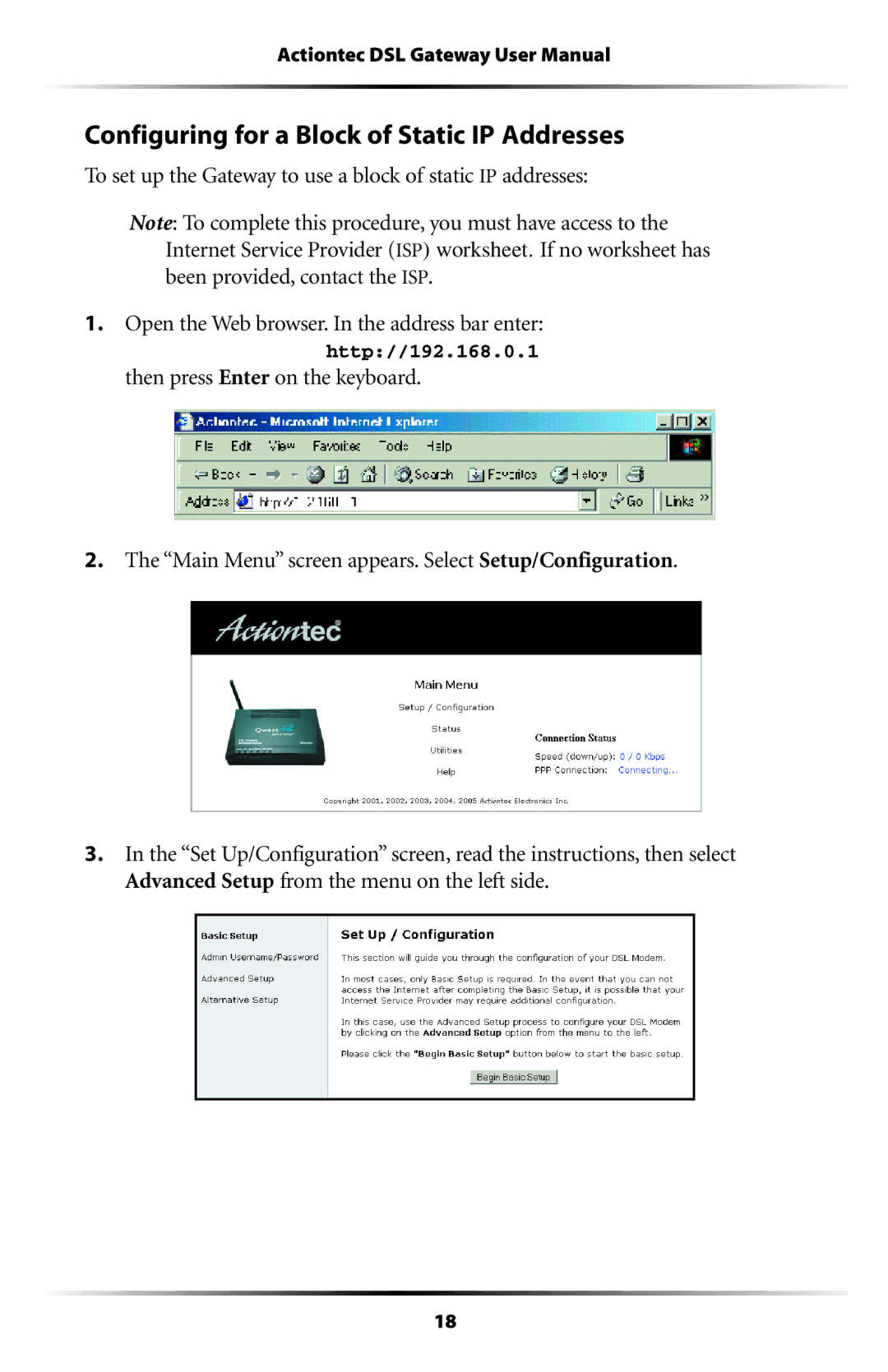 Actiontec electronic GT704WG-QW04 user manual Configuring for a Block of Static IP Addresses 