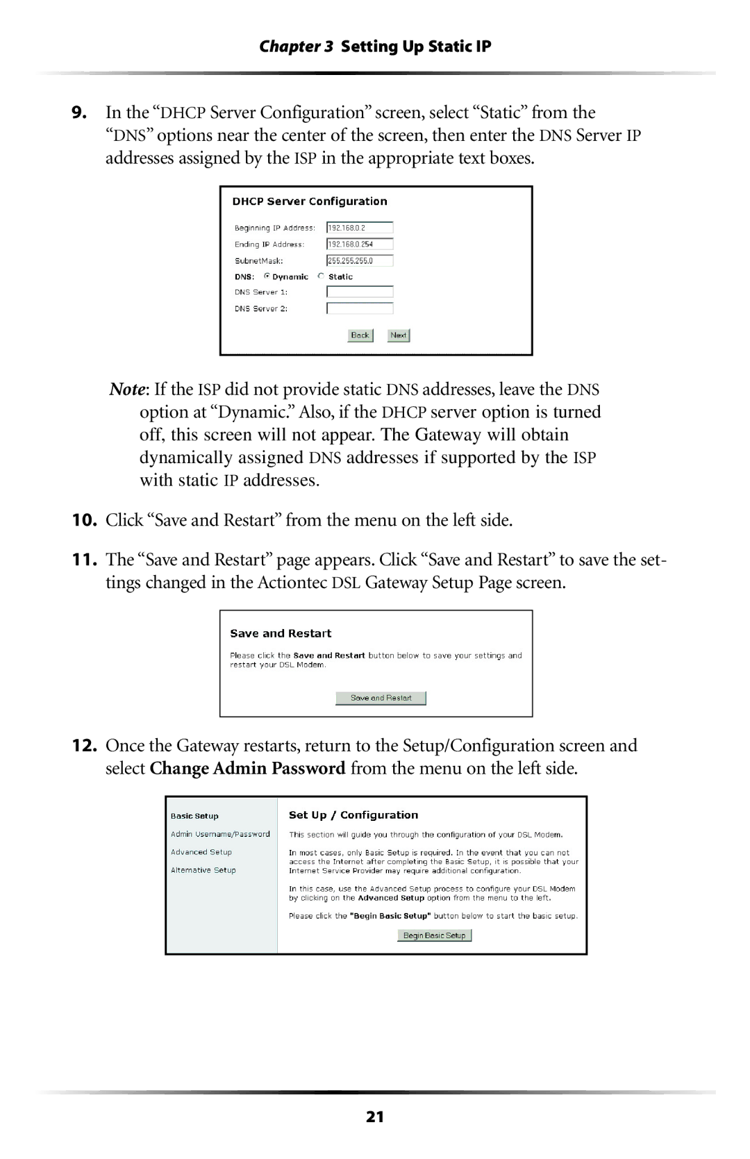 Actiontec electronic GT704WG-QW04 user manual Dhcp Server Configuration screen, select Static from 