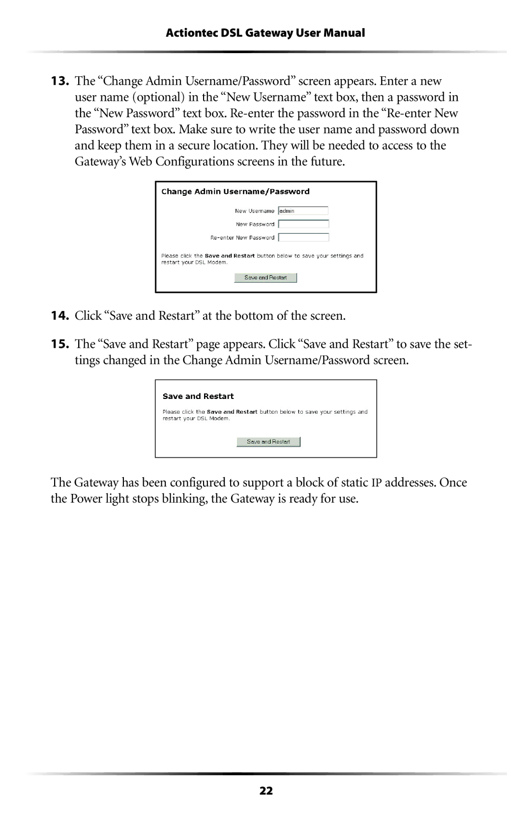 Actiontec electronic GT704WG-QW04 user manual Click Save and Restart at the bottom of the screen 