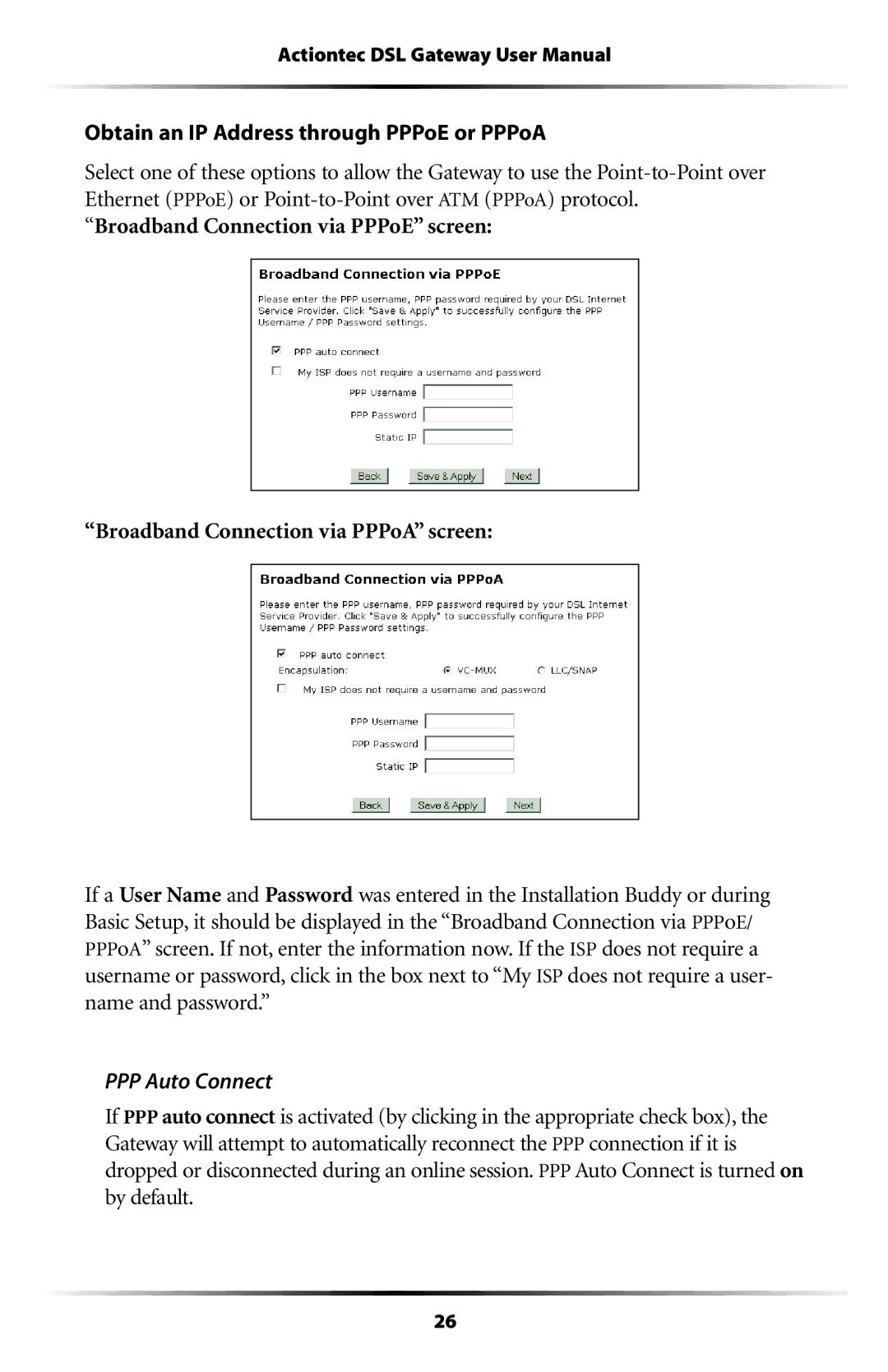 Actiontec electronic GT704WG-QW04 user manual Obtain an IP Address through PPPoE or PPPoA, PPP Auto Connect 