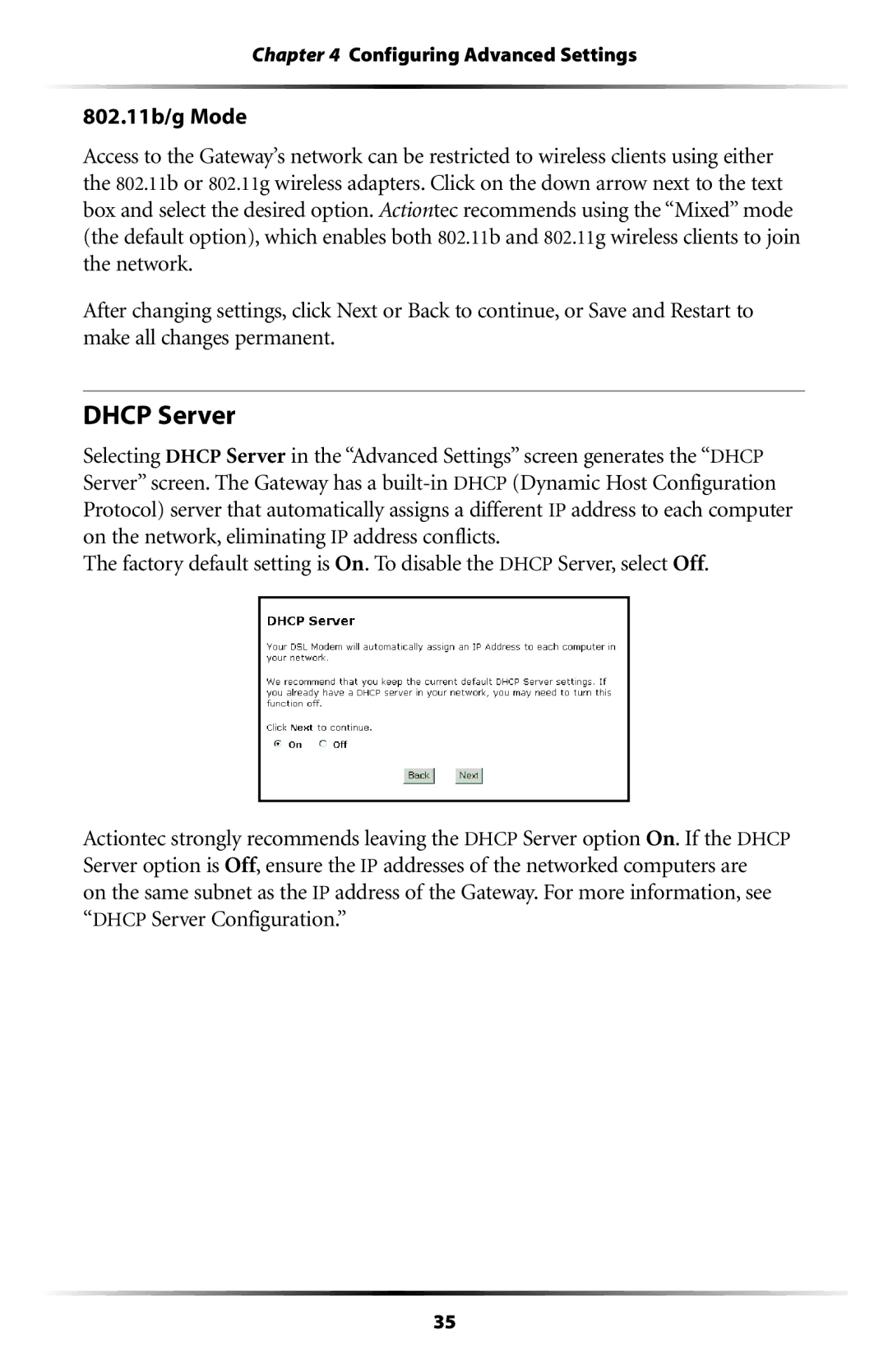 Actiontec electronic GT704WG-QW04 user manual Dhcp Server 