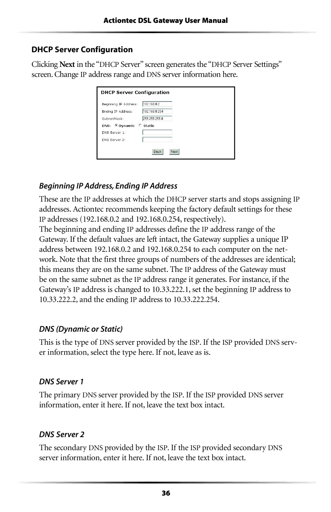 Actiontec electronic GT704WG-QW04 Dhcp Server Configuration, Beginning IP Address, Ending IP Address, DNS Server 