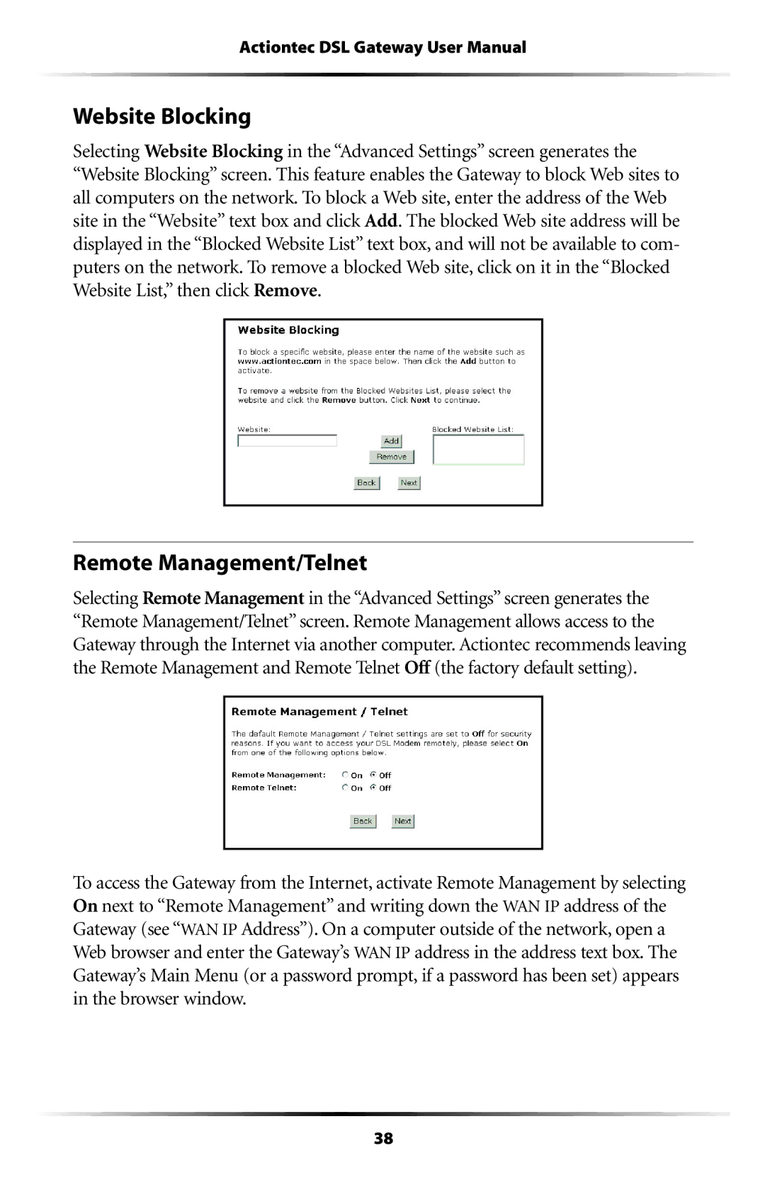 Actiontec electronic GT704WG-QW04 user manual Website Blocking, Remote Management/Telnet 