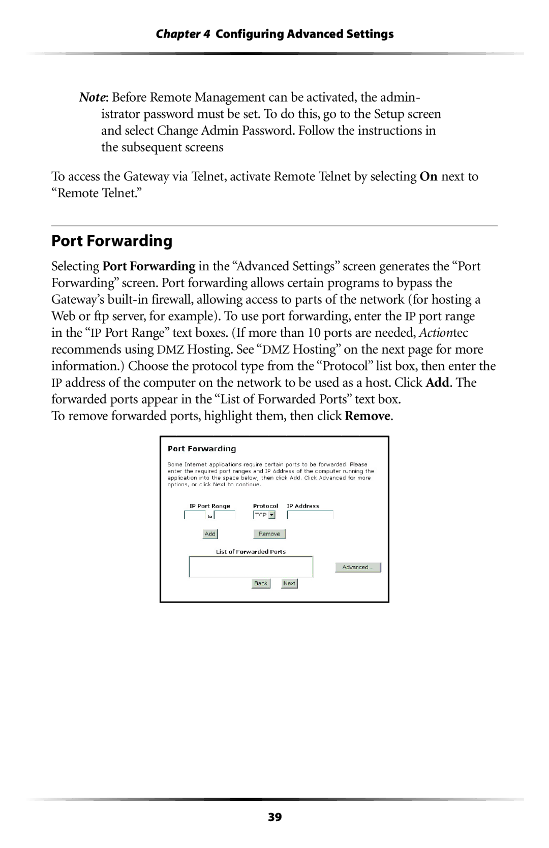 Actiontec electronic GT704WG-QW04 user manual Port Forwarding, To remove forwarded ports, highlight them, then click Remove 