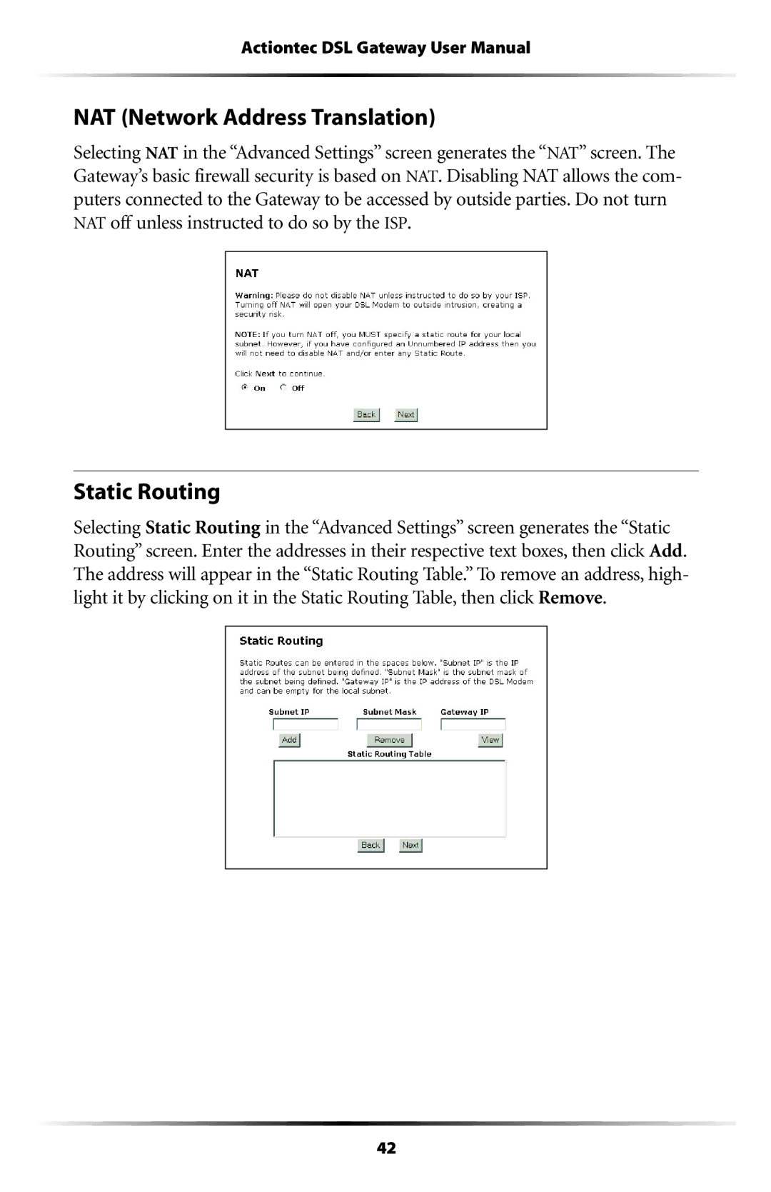 Actiontec electronic GT704WG-QW04 user manual NAT Network Address Translation, Static Routing 