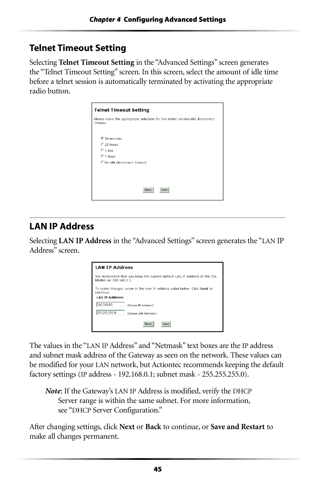 Actiontec electronic GT704WG-QW04 user manual Telnet Timeout Setting, LAN IP Address 