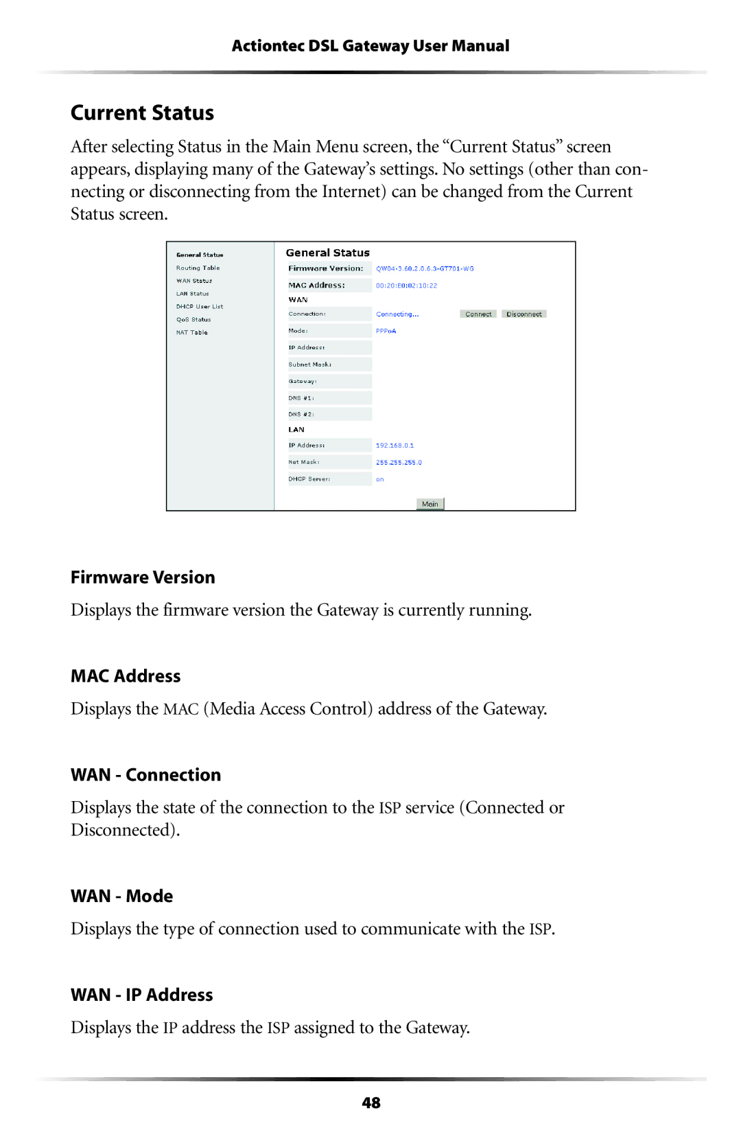 Actiontec electronic GT704WG-QW04 user manual Current Status 