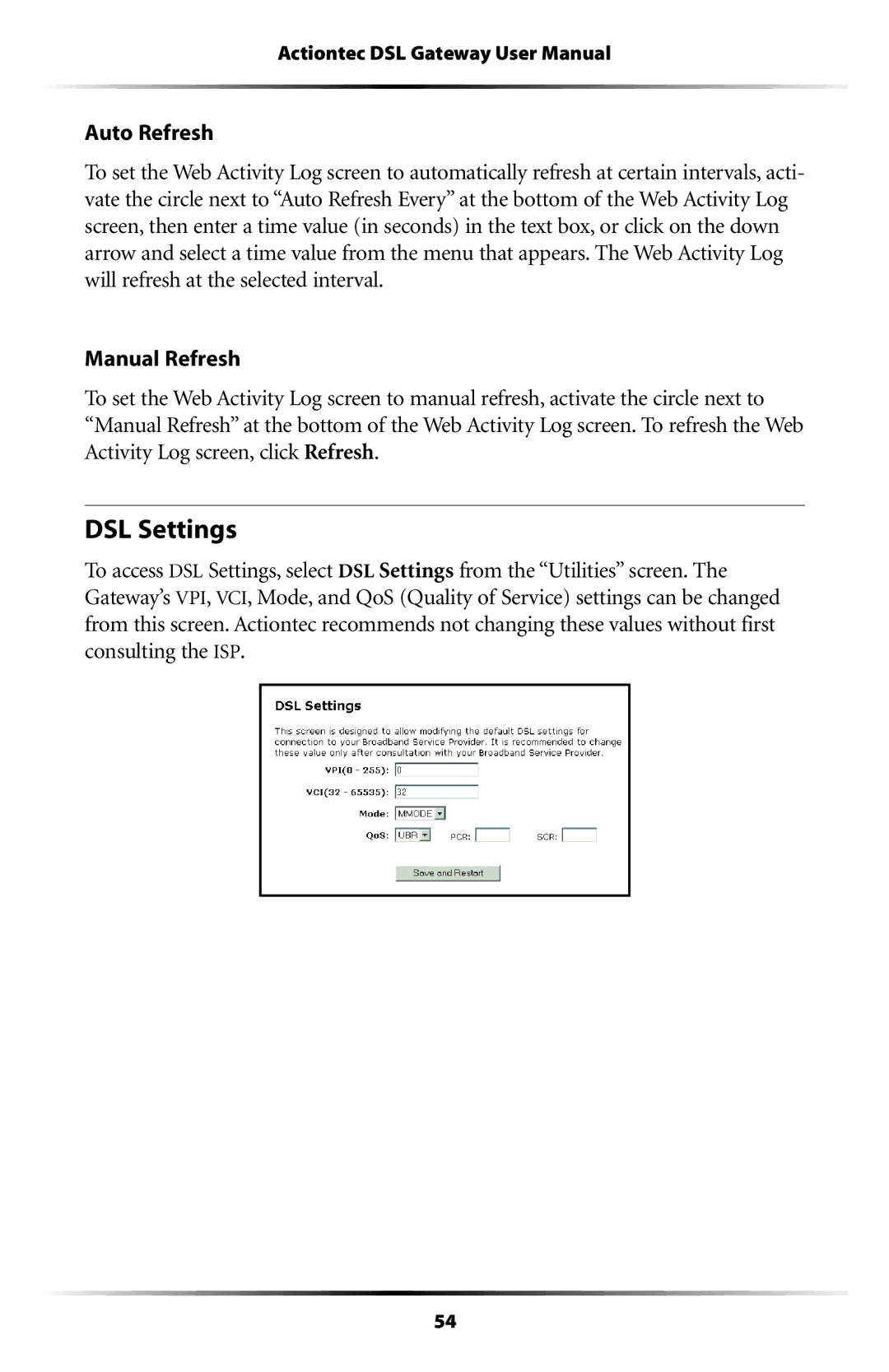 Actiontec electronic GT704WG-QW04 user manual DSL Settings 