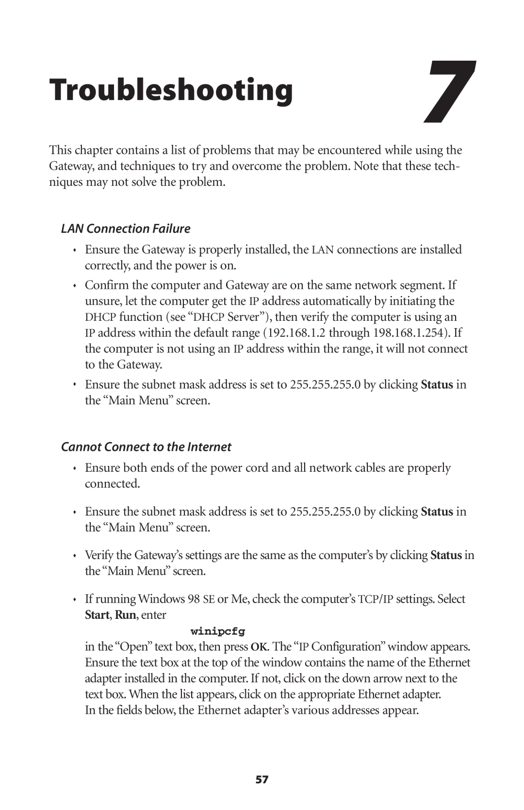 Actiontec electronic GT704WG-QW04 user manual Troubleshooting, LAN Connection Failure, Cannot Connect to the Internet 