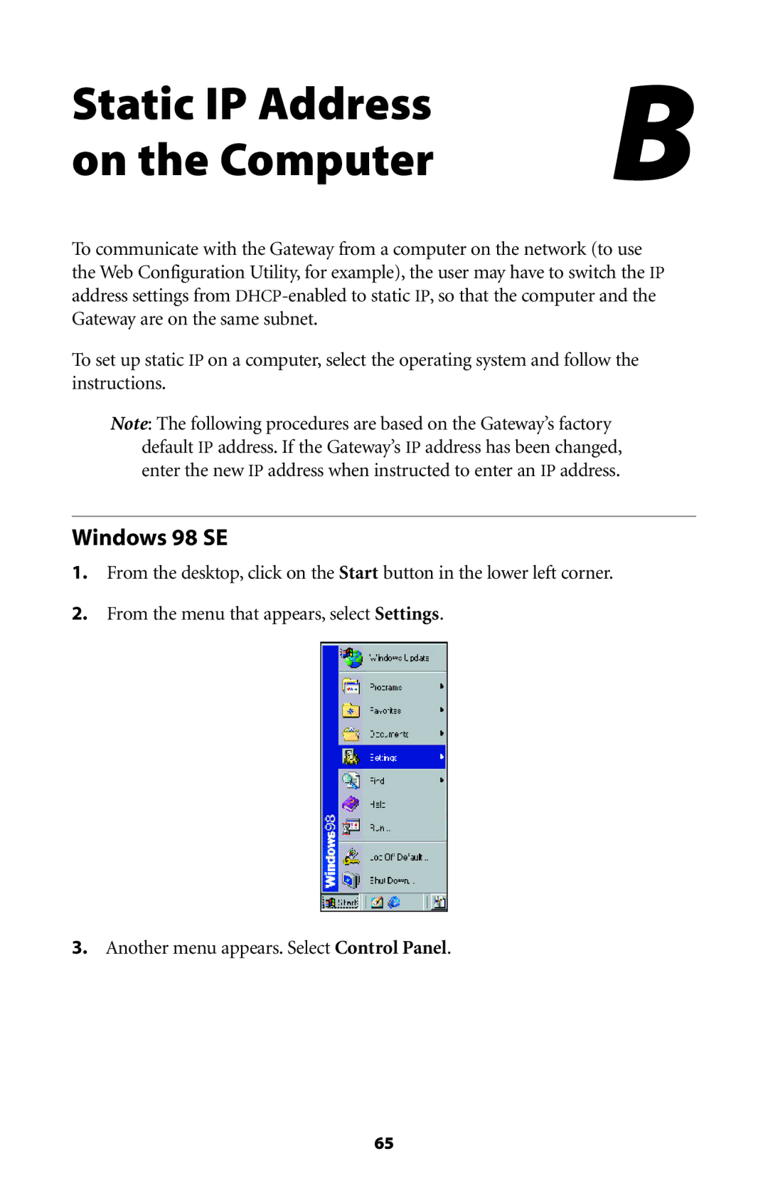 Actiontec electronic GT704WG-QW04 user manual Static IP Address On the Computer, Windows 98 SE 