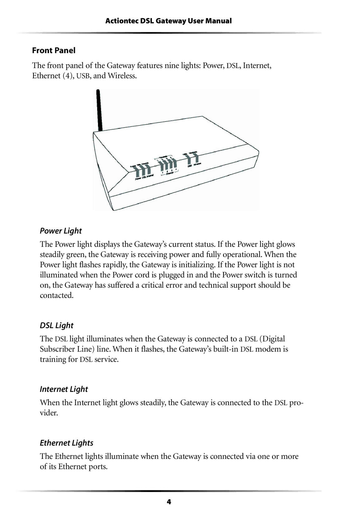 Actiontec electronic GT704WG-QW04 user manual Power Light, DSL Light, Internet Light, Ethernet Lights 