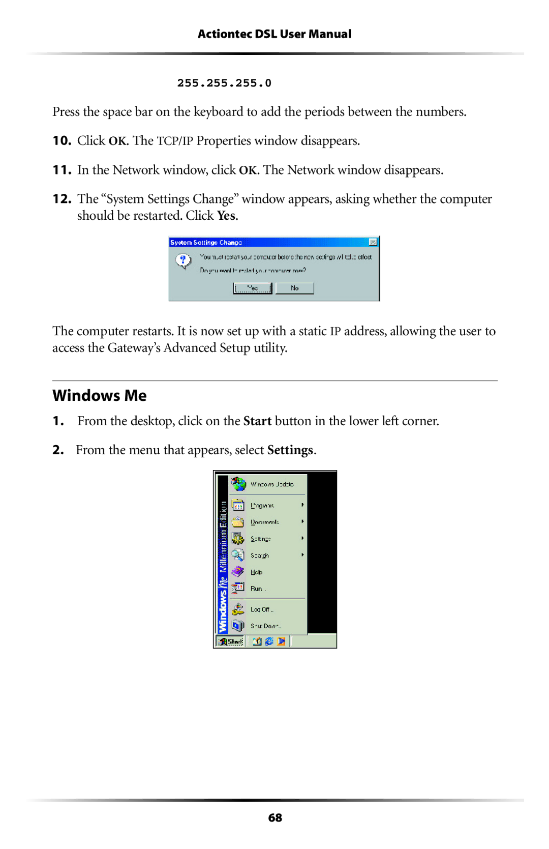 Actiontec electronic GT704WG-QW04 user manual Windows Me 