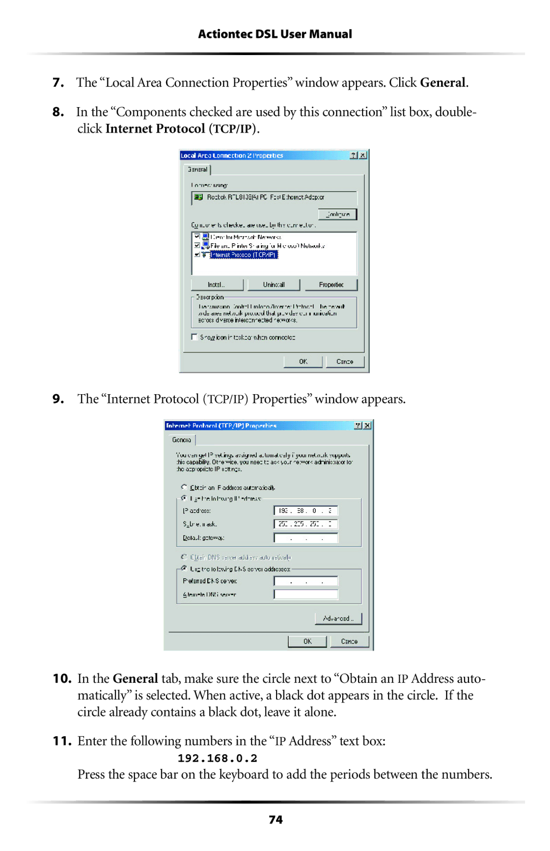 Actiontec electronic GT704WG-QW04 user manual Enter the following numbers in the IP Address text box 