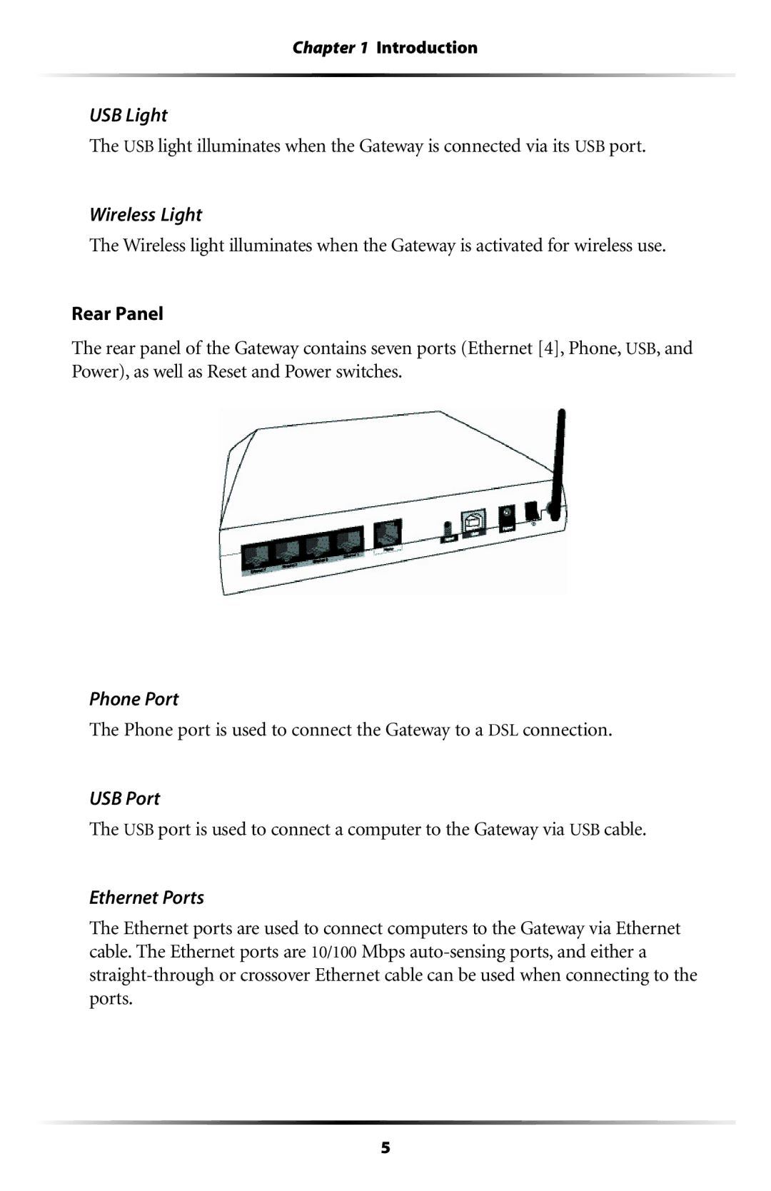 Actiontec electronic GT704WG-QW04 user manual USB Light, Wireless Light, Phone Port, USB Port, Ethernet Ports 