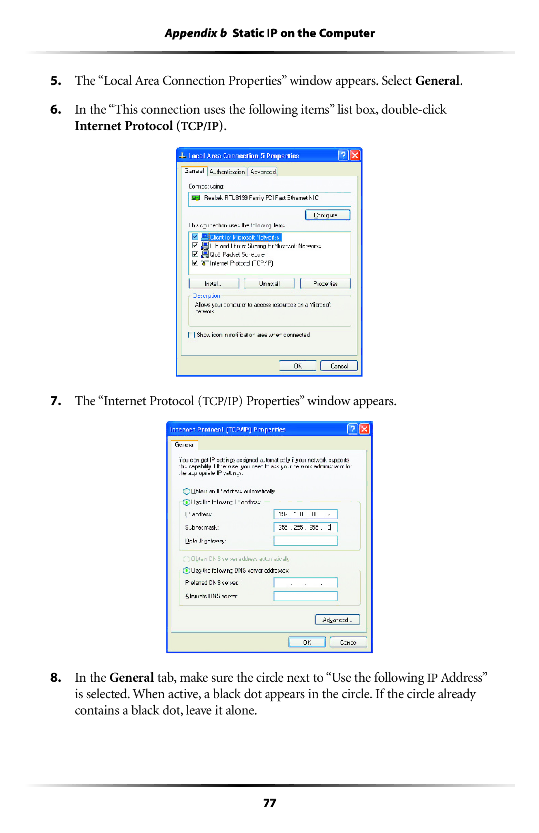 Actiontec electronic GT704WG-QW04 user manual Appendix b Static IP on the Computer 