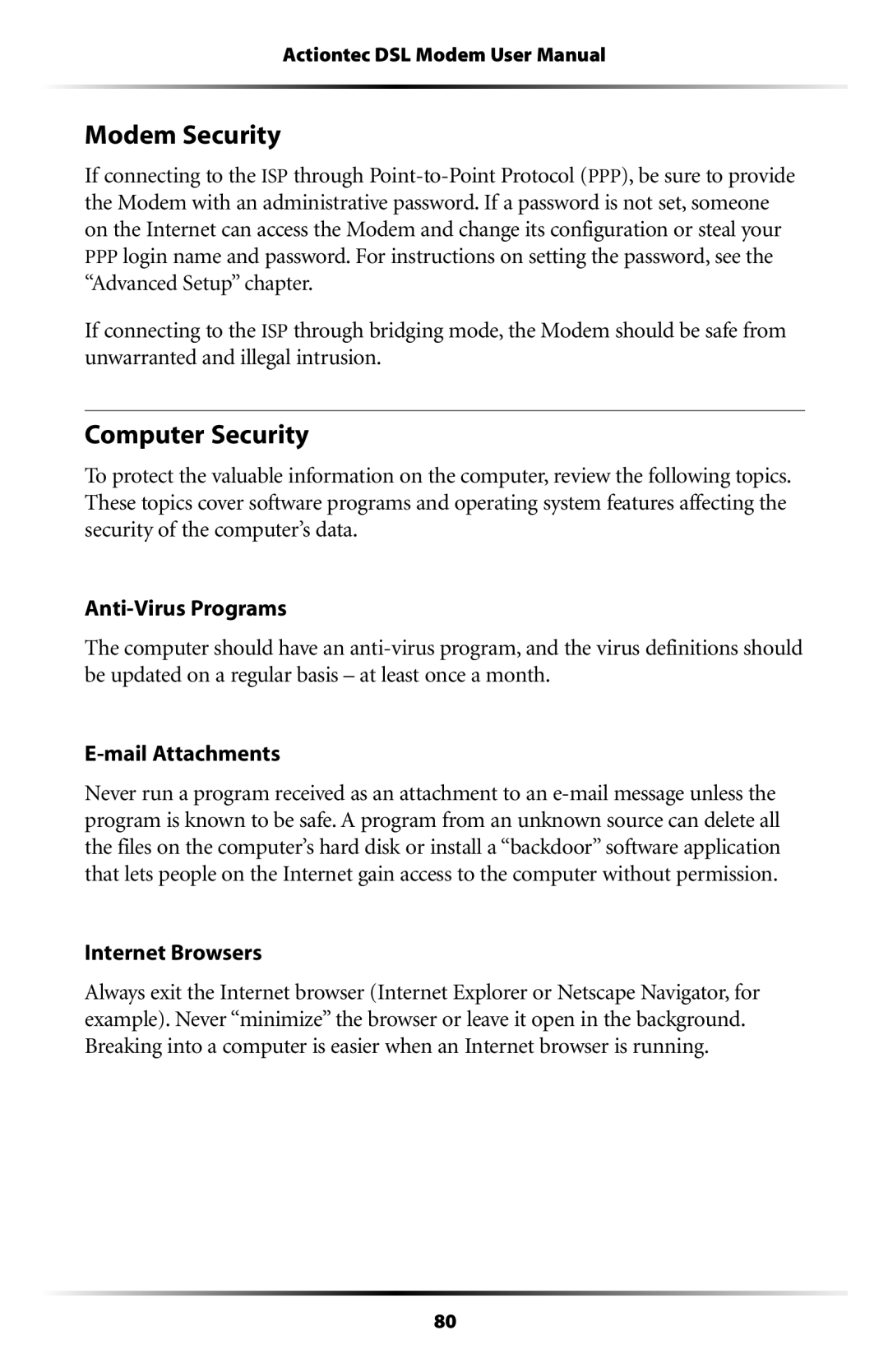 Actiontec electronic GT704WG-QW04 user manual Modem Security, Computer Security, Internet Browsers 