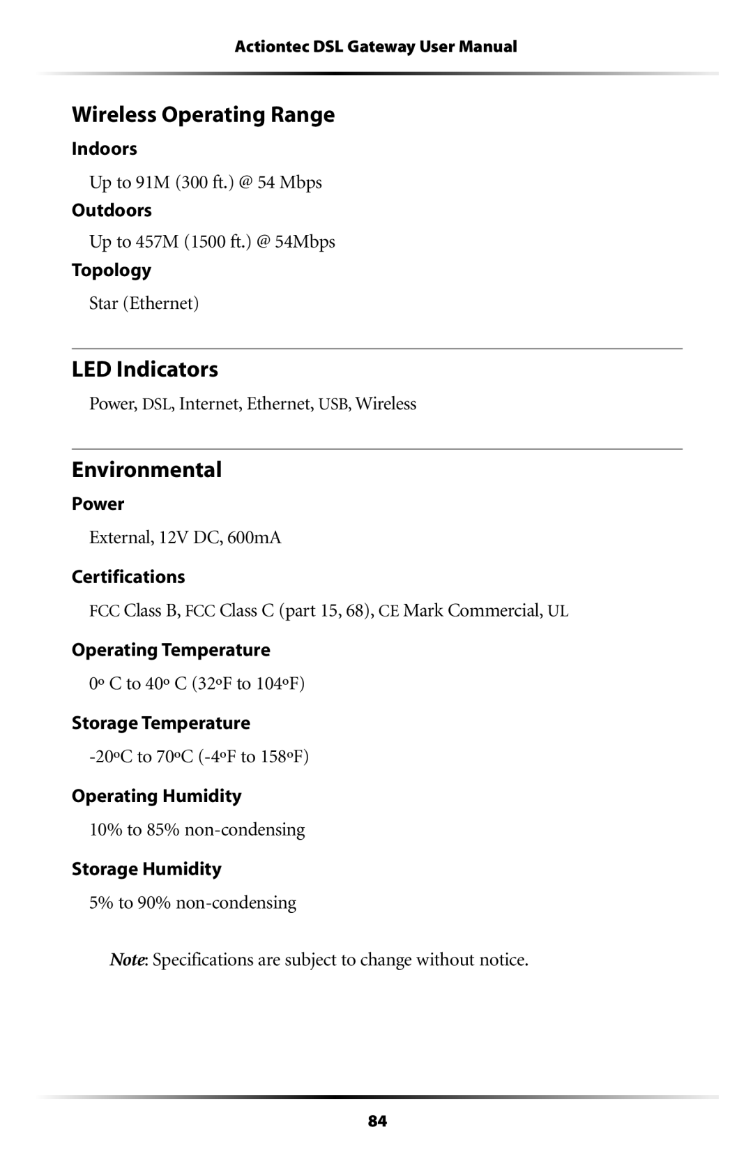 Actiontec electronic GT704WG-QW04 user manual Wireless Operating Range, LED Indicators, Environmental 