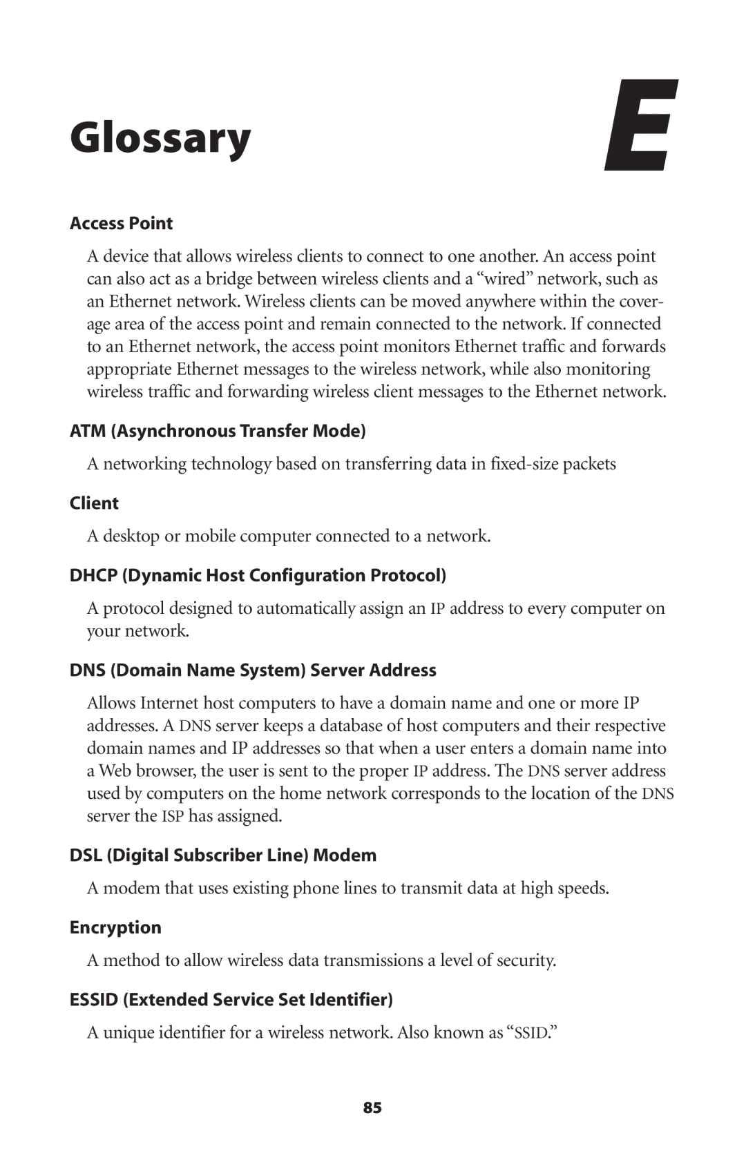 Actiontec electronic GT704WG-QW04 user manual Glossary, Access Point 