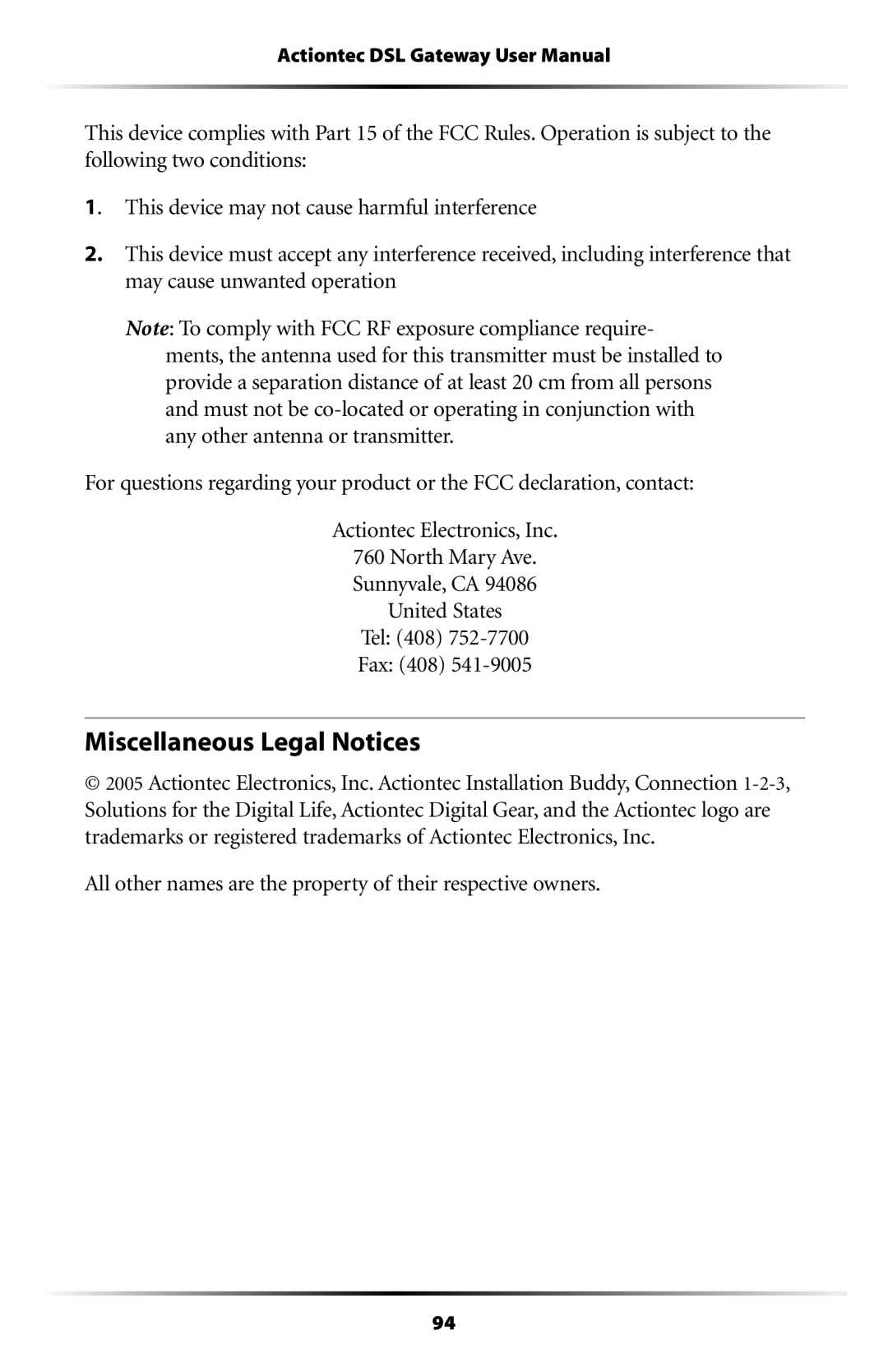 Actiontec electronic GT704WG-QW04 Miscellaneous Legal Notices, All other names are the property of their respective owners 