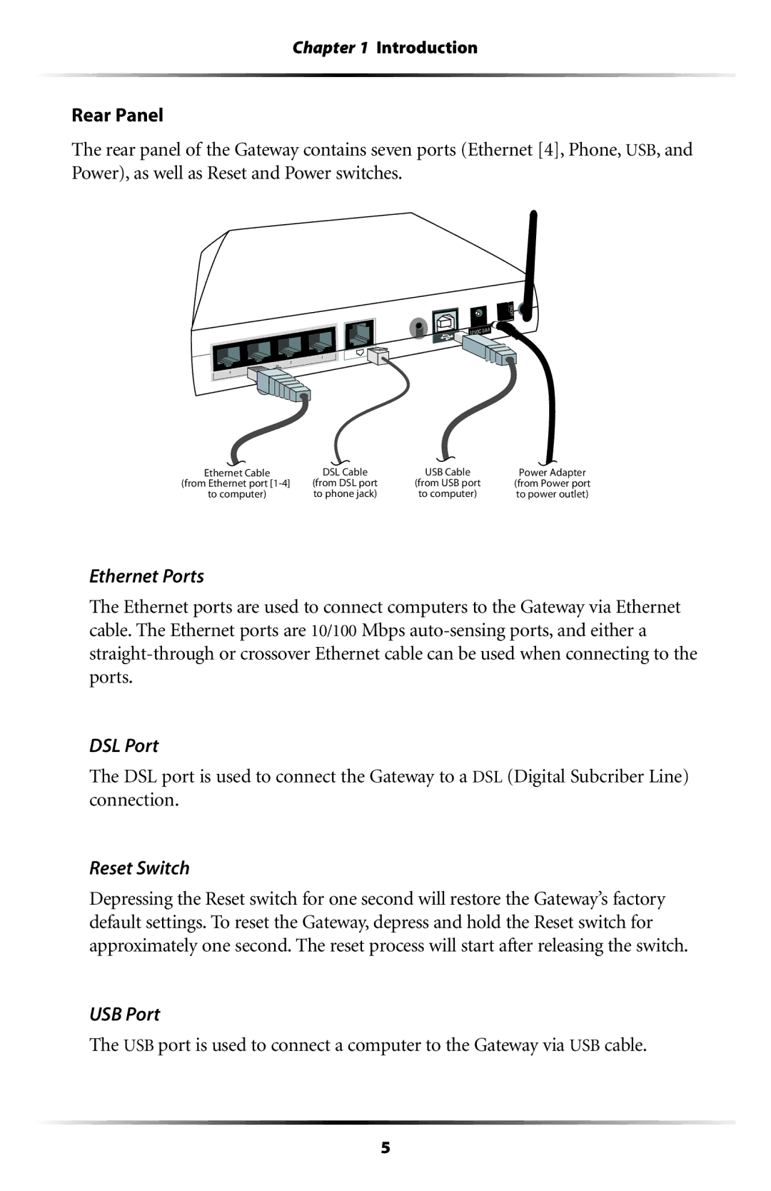 Actiontec electronic GT704WG user manual Ethernet Ports, DSL Port, Reset Switch, USB Port 