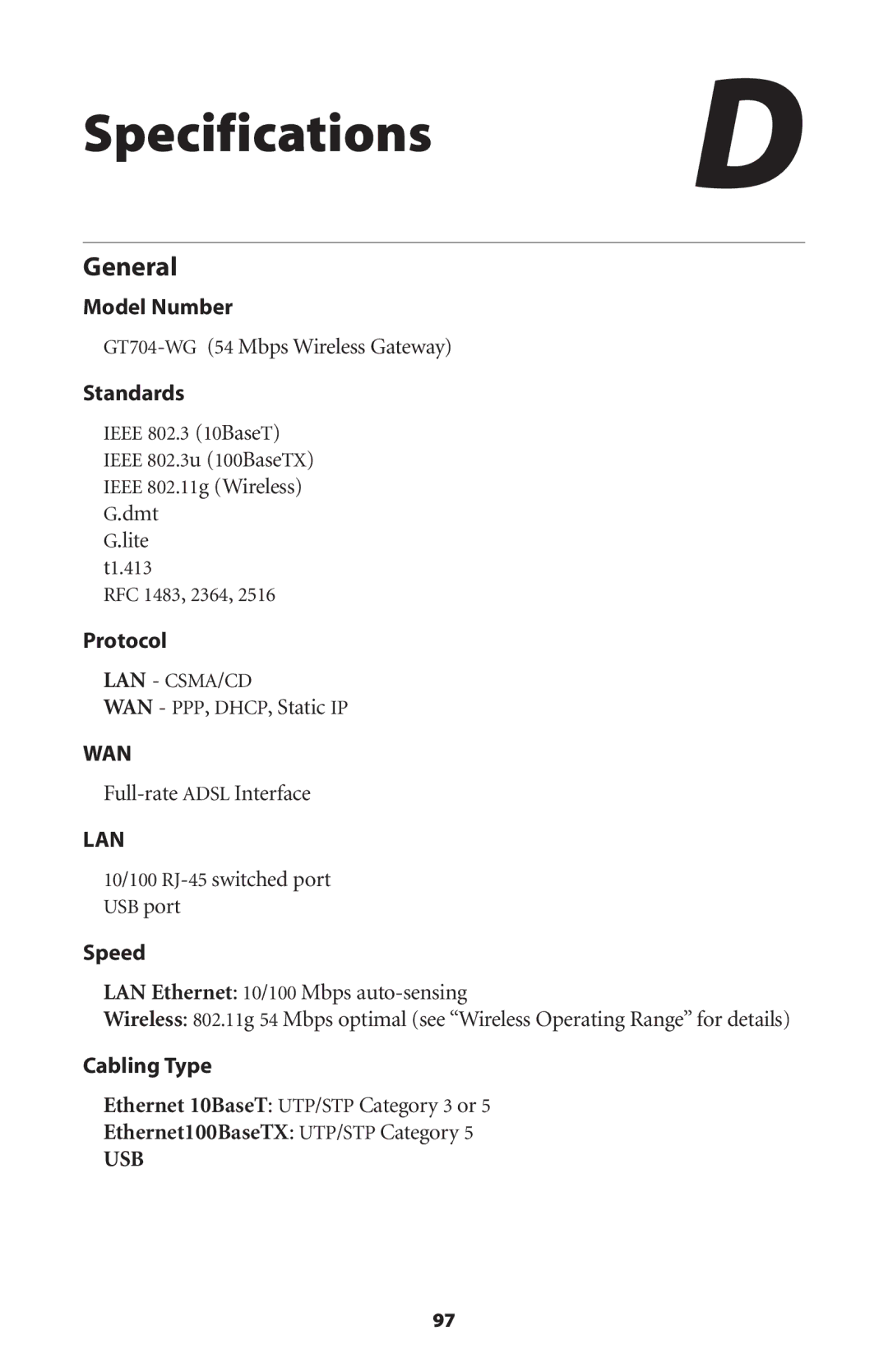 Actiontec electronic GT704WG user manual Specifications D, General 