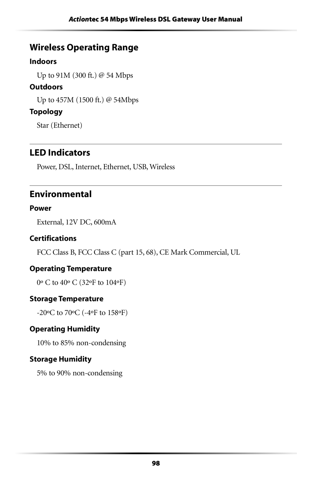 Actiontec electronic GT704WG user manual Wireless Operating Range, LED Indicators, Environmental 