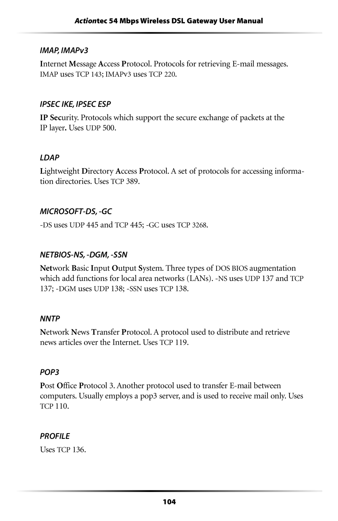 Actiontec electronic GT704WG user manual IMAP, IMAPv3, DSuses UDP 445 and TCP 445 -GCuses TCP, Uses TCP 