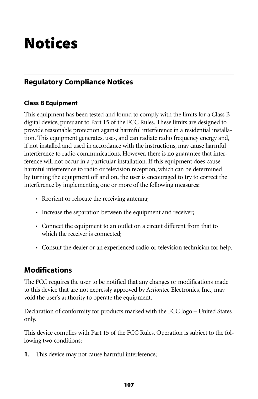 Actiontec electronic GT704WG user manual Regulatory Compliance Notices, Modifications, Class B Equipment 