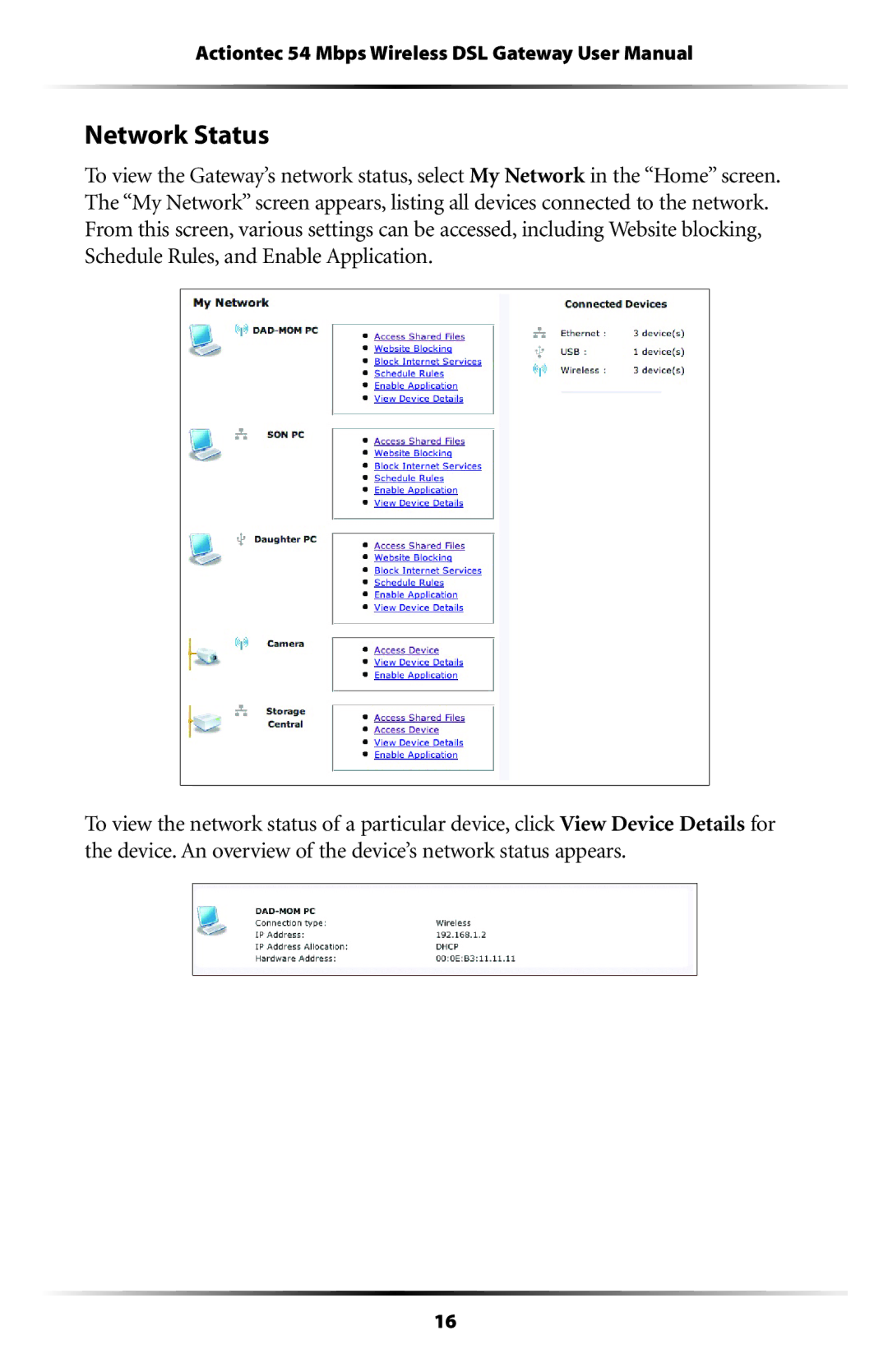 Actiontec electronic GT704WG user manual Network Status 