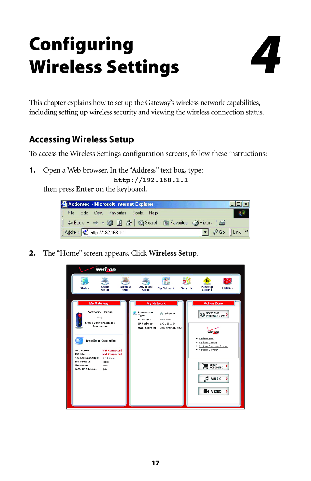 Actiontec electronic GT704WG user manual Configuring4 Wireless Settings, Accessing Wireless Setup 