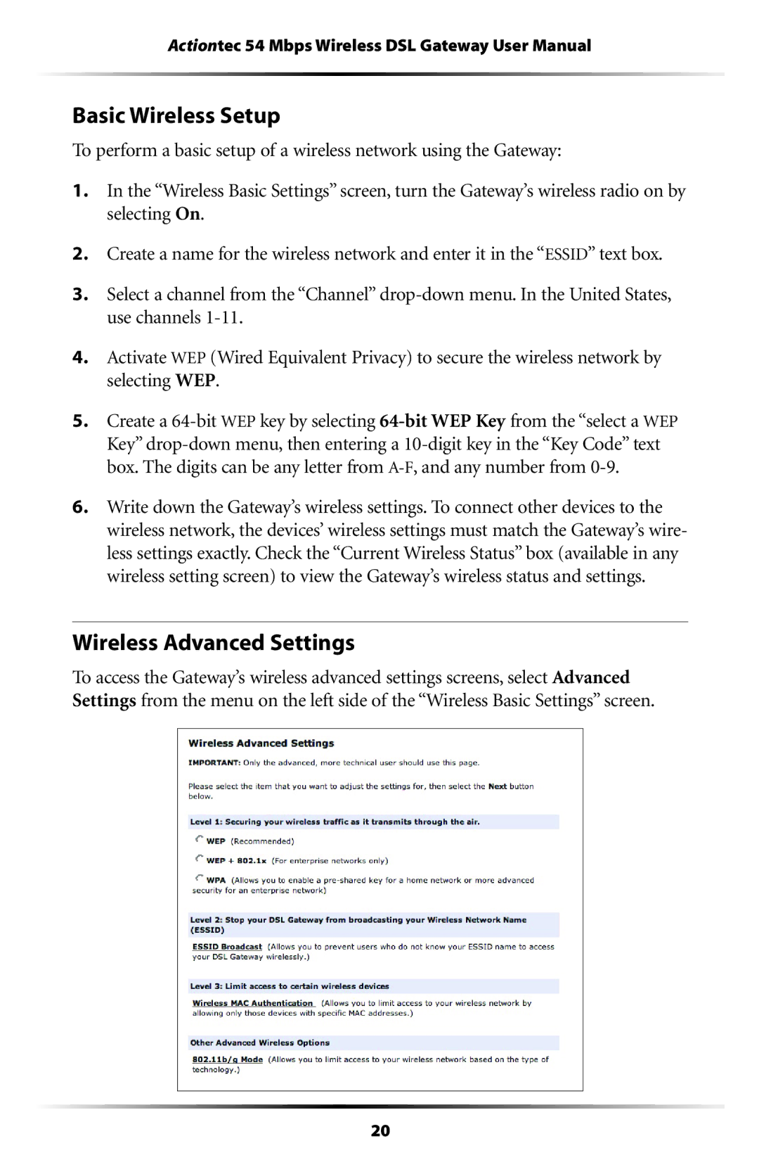 Actiontec electronic GT704WG user manual Basic Wireless Setup, Wireless Advanced Settings 