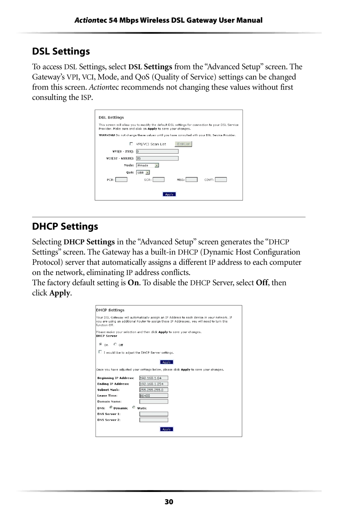 Actiontec electronic GT704WG user manual DSL Settings, Dhcp Settings 