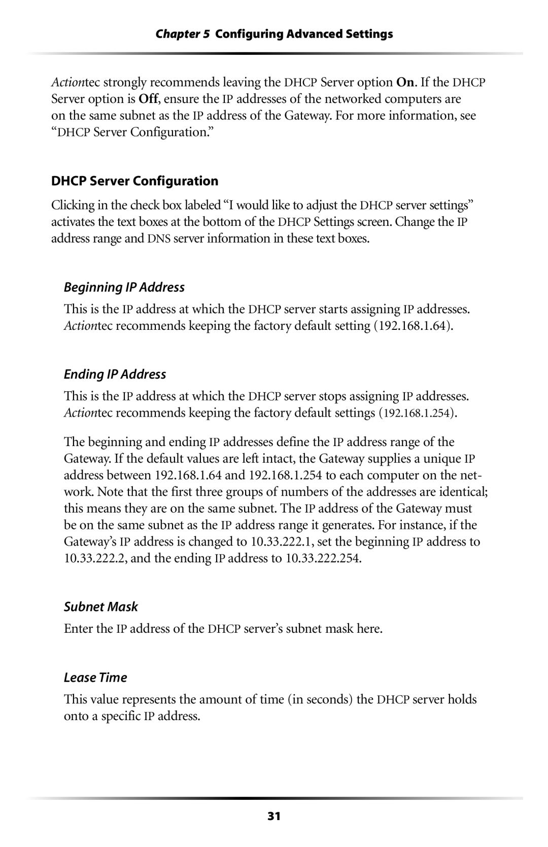 Actiontec electronic GT704WG user manual Beginning IP Address, Ending IP Address, Subnet Mask, Lease Time 