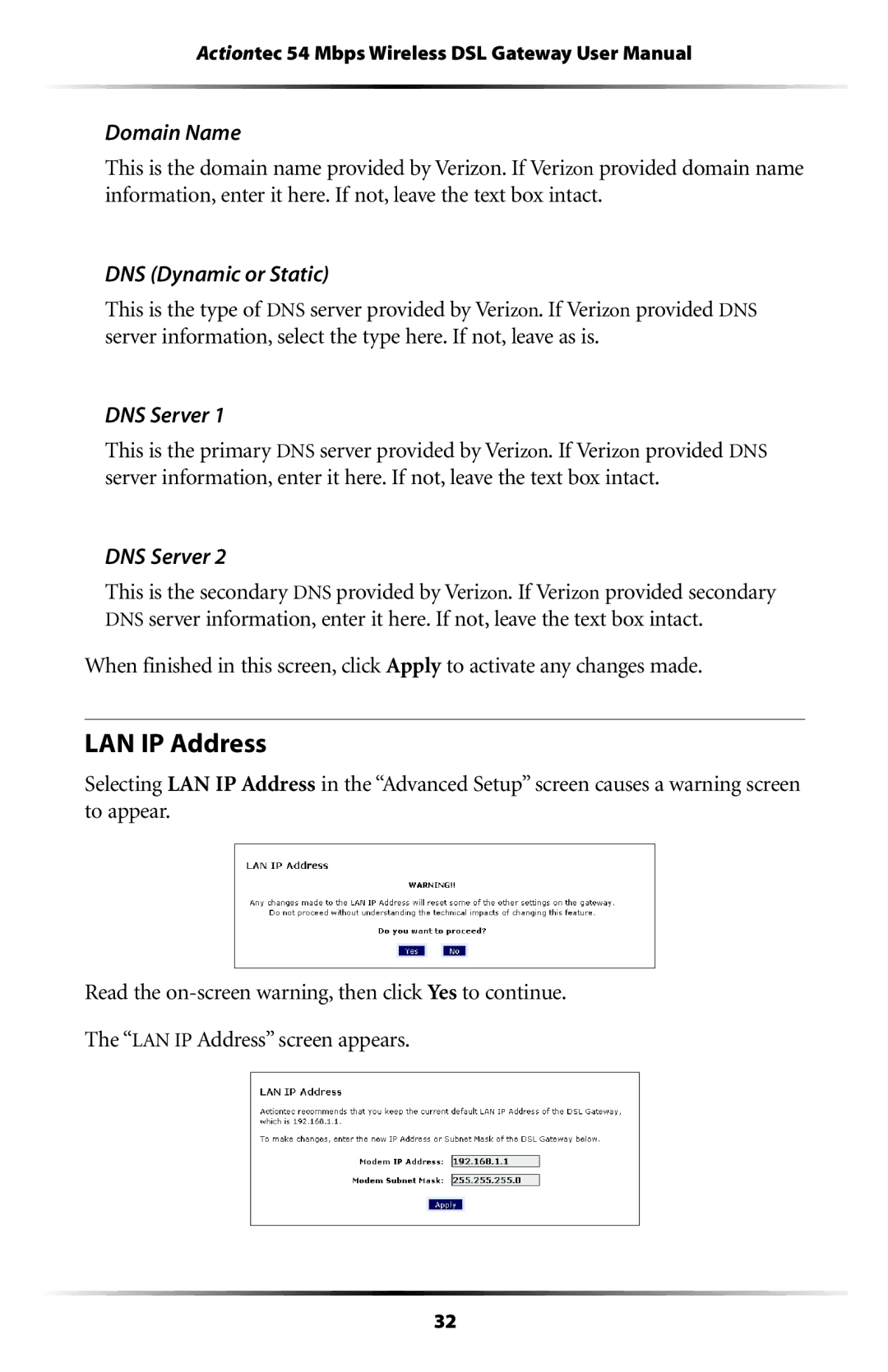 Actiontec electronic GT704WG user manual LAN IP Address, Domain Name, DNS Dynamic or Static, DNS Server 