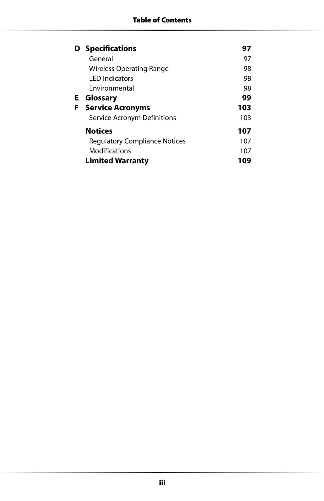 Actiontec electronic GT704WG user manual Specifications, Glossary Service Acronyms 103, 107, Limited Warranty 109 