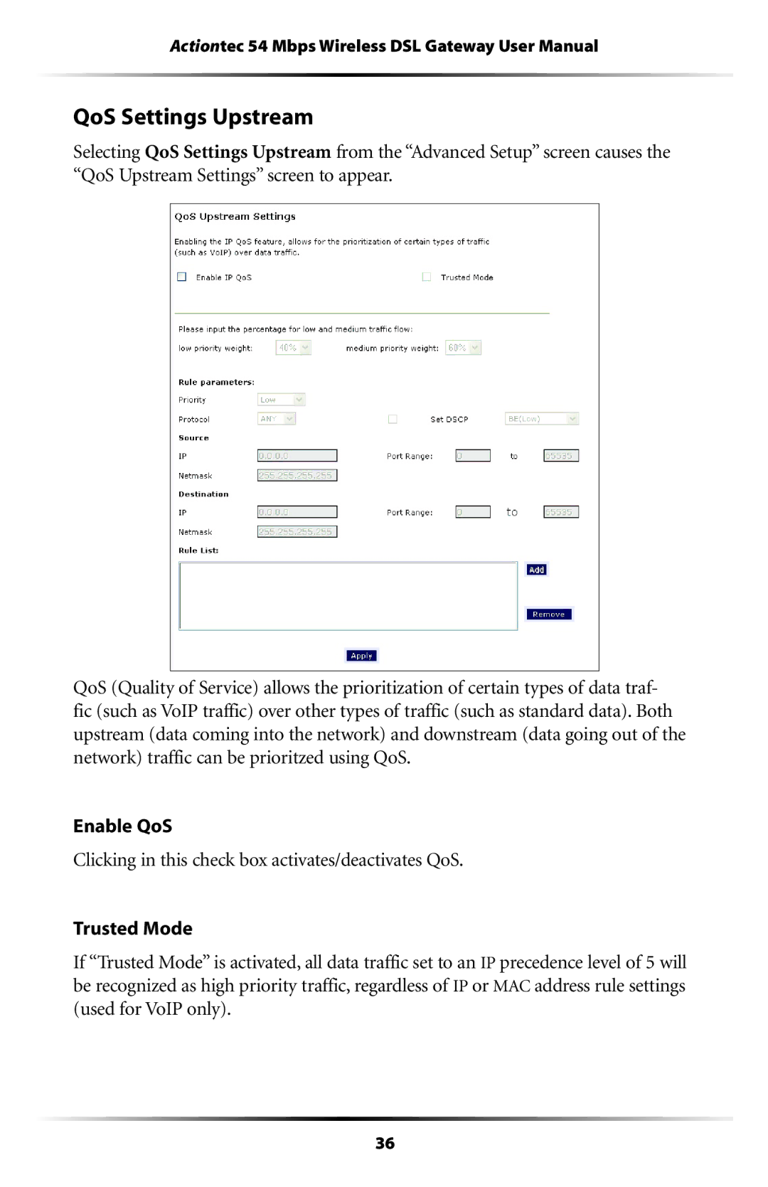 Actiontec electronic GT704WG user manual QoS Settings Upstream 