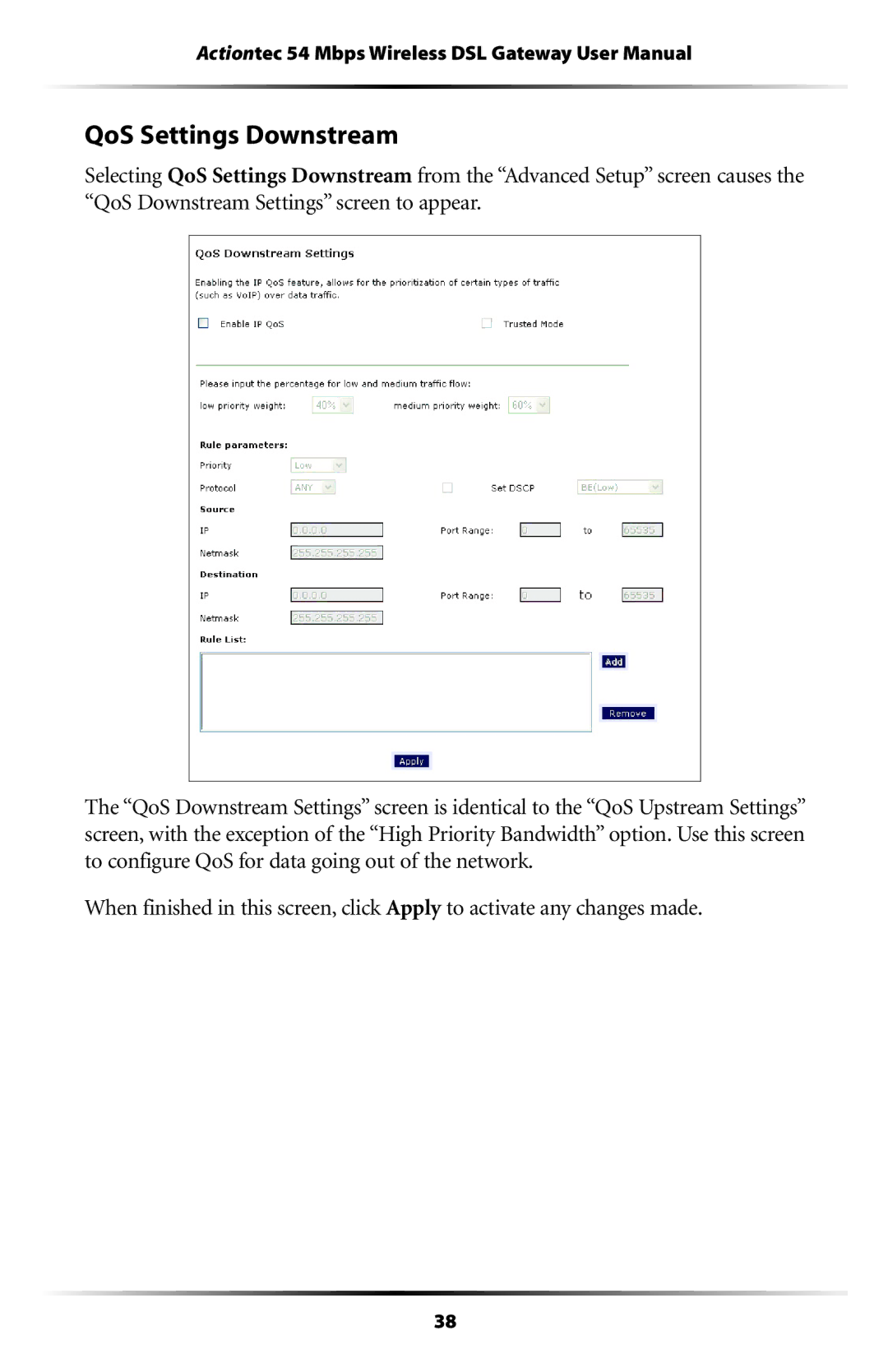 Actiontec electronic GT704WG user manual QoS Settings Downstream 