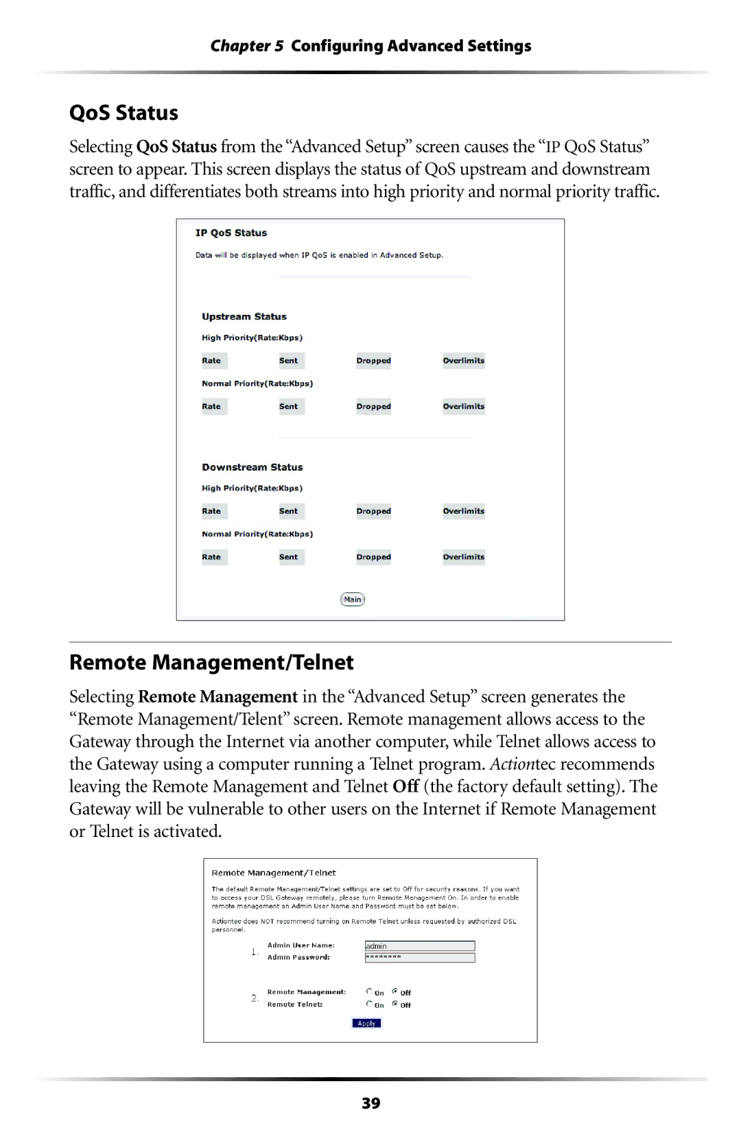 Actiontec electronic GT704WG user manual QoS Status, Remote Management/Telnet 