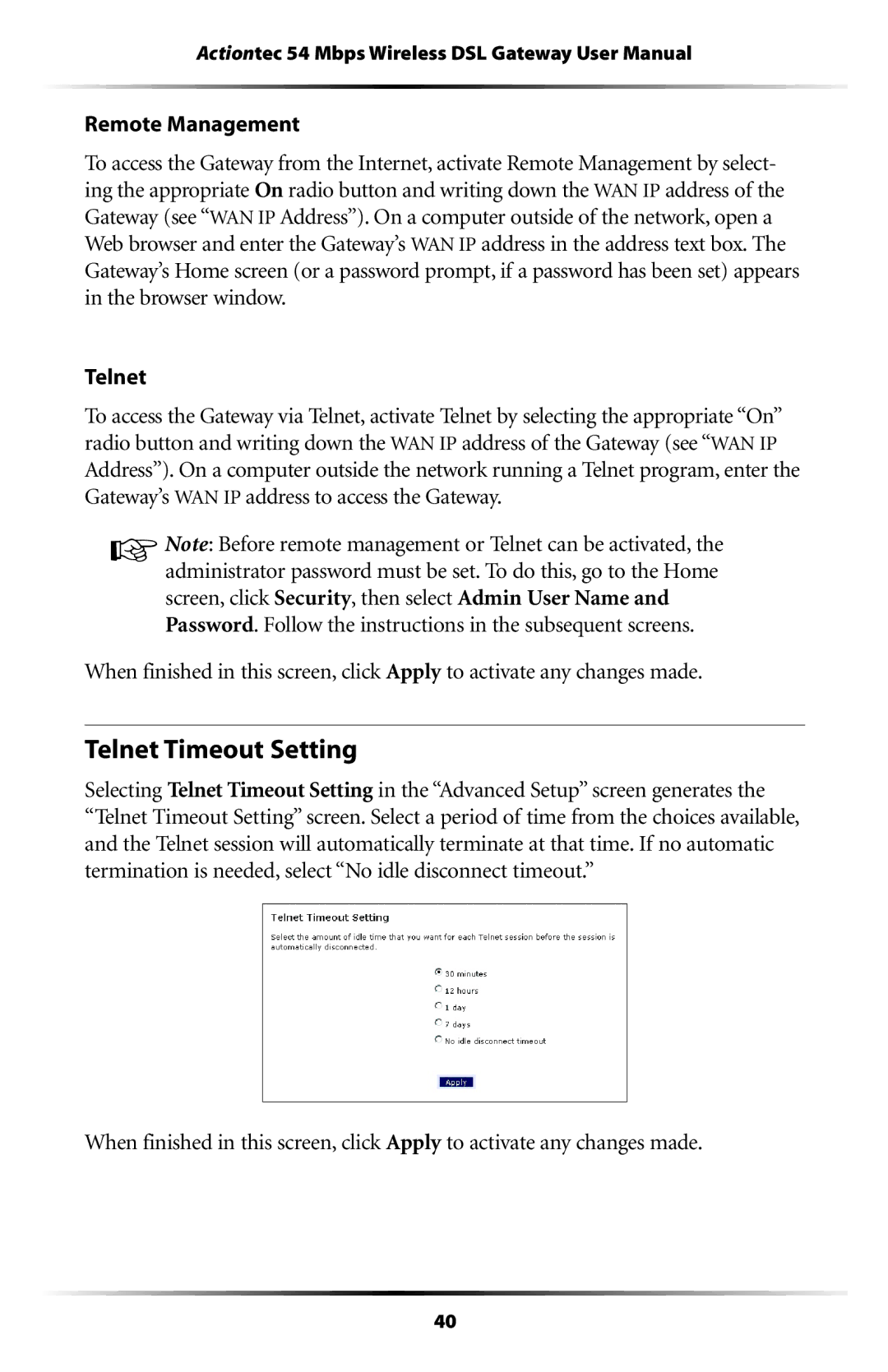 Actiontec electronic GT704WG user manual Telnet Timeout Setting, Remote Management 
