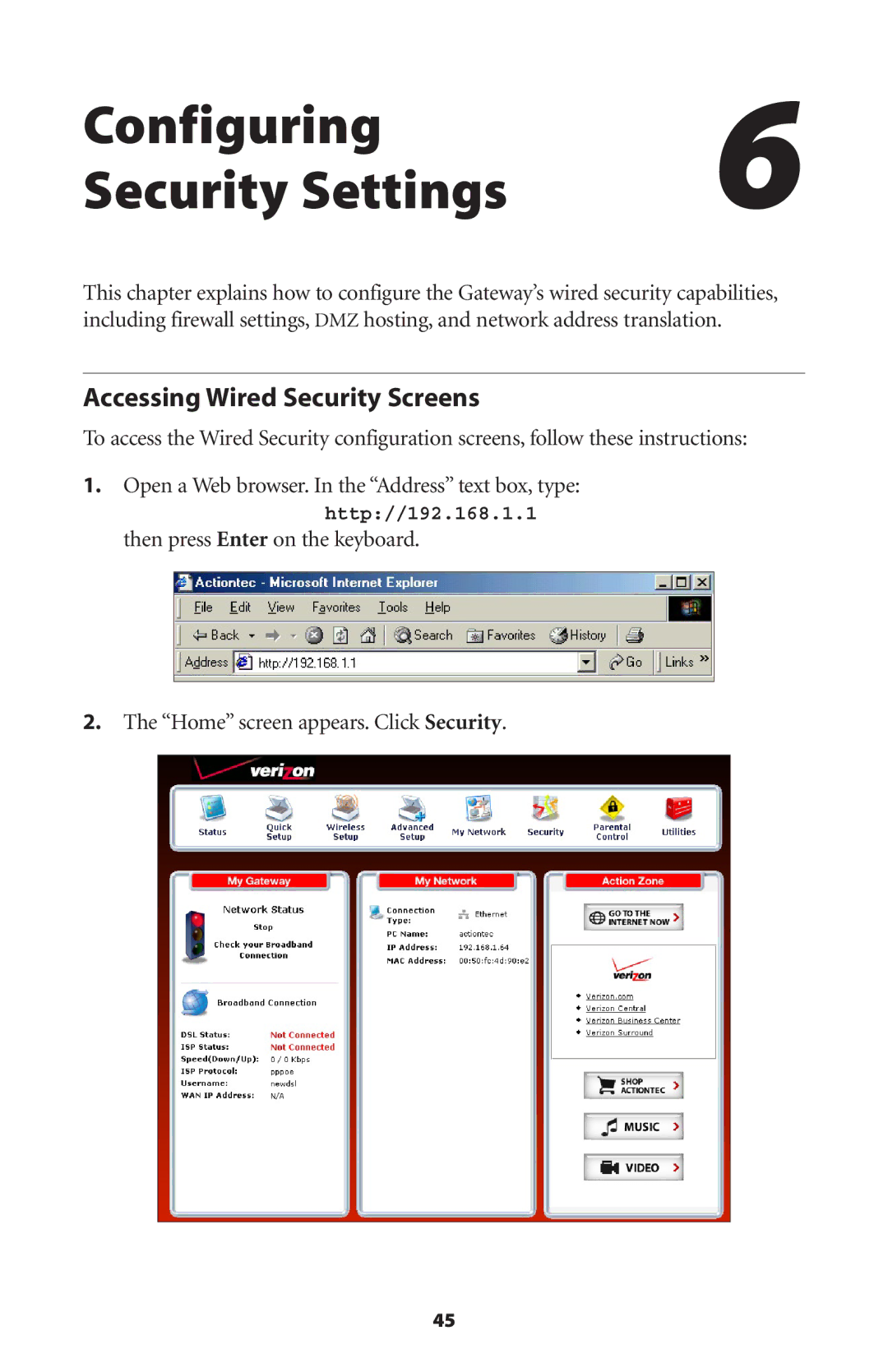 Actiontec electronic GT704WG user manual Configuring6 Security Settings, Accessing Wired Security Screens 