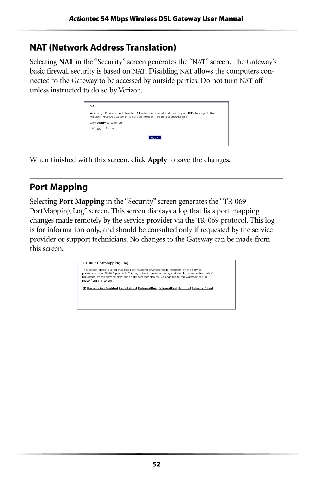 Actiontec electronic GT704WG user manual NAT Network Address Translation, Port Mapping 