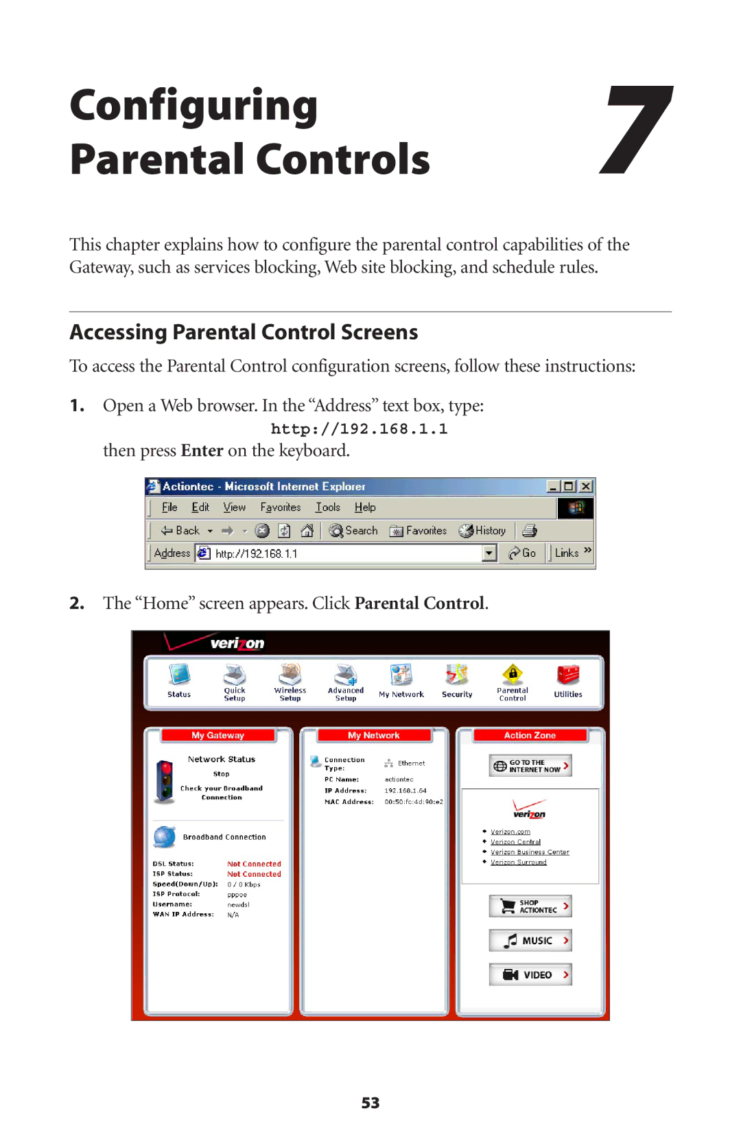 Actiontec electronic GT704WG user manual Configuring7 Parental Controls, Accessing Parental Control Screens 