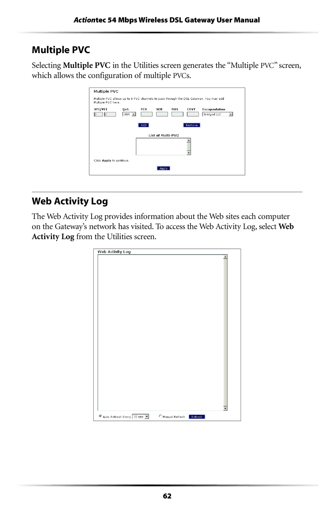 Actiontec electronic GT704WG user manual Multiple PVC, Web Activity Log 