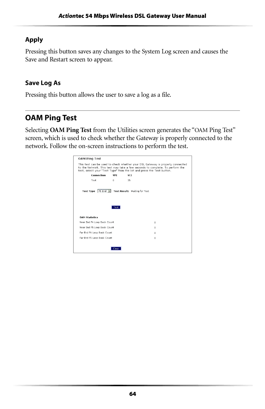 Actiontec electronic GT704WG user manual OAM Ping Test 