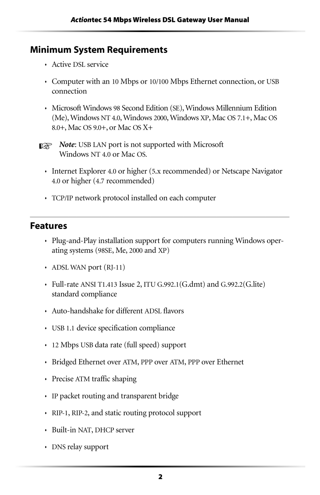 Actiontec electronic GT704WG user manual Minimum System Requirements, Features 